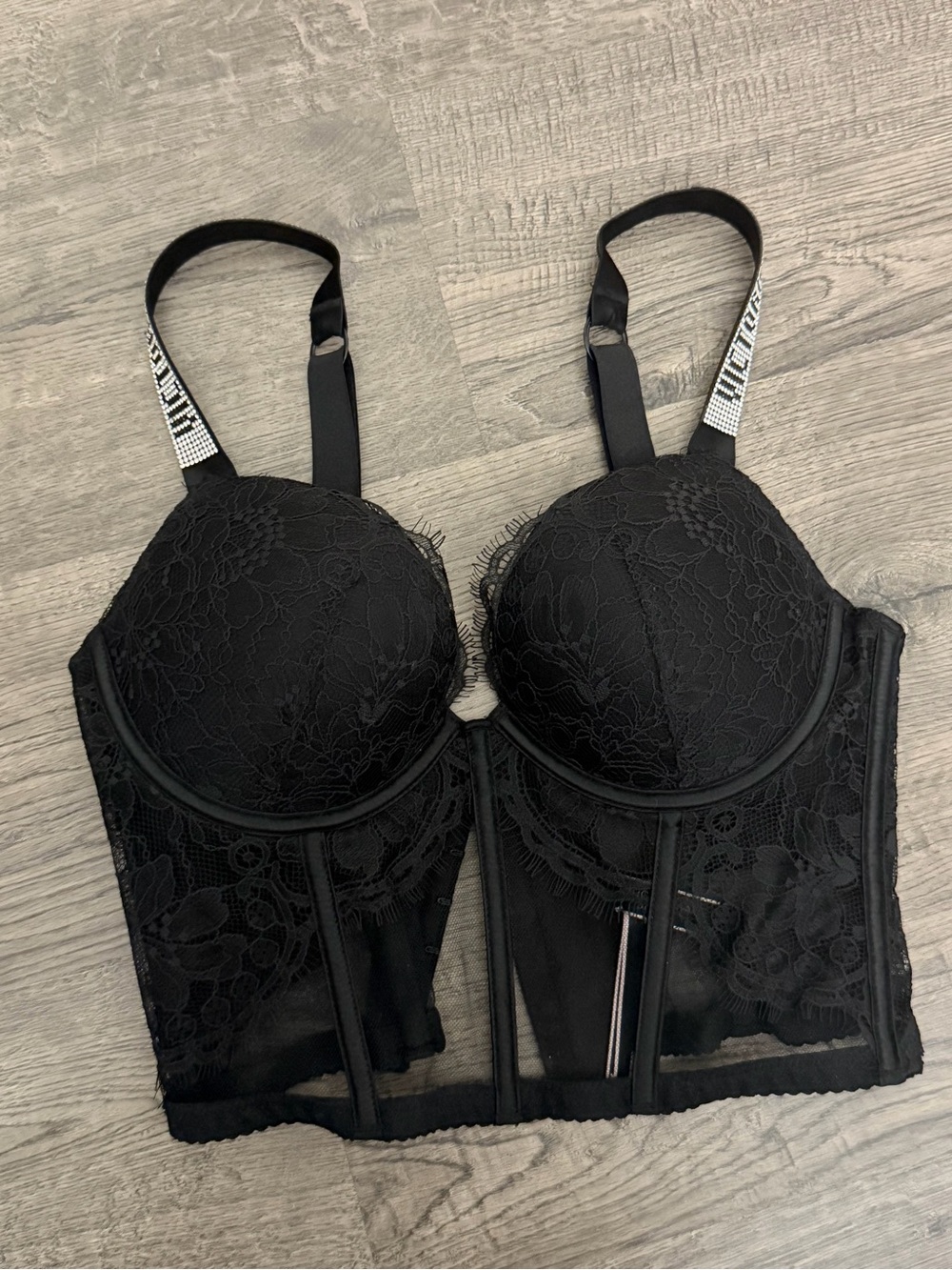 Victoria's Secret Black Lace Longline Bra with Embellished Straps 32C